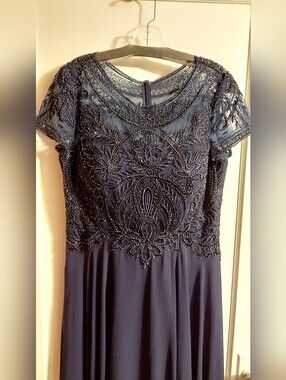 Beaded Navy Short-Sleeve Evening Gown, Mother Of The Bride/Groom Dress